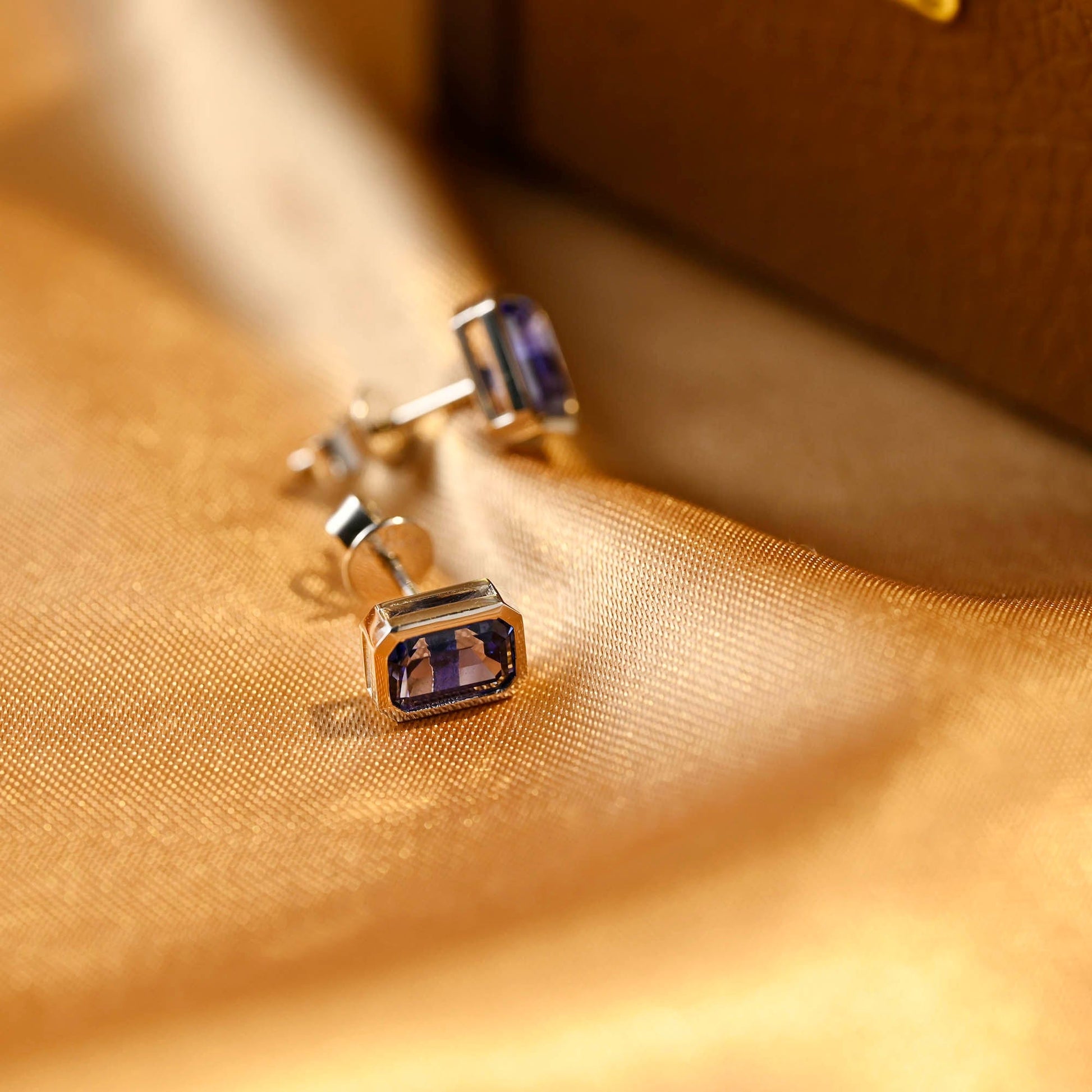 CausYou earrings CausYou Solid Gold Lab Grown Sapphire Earrings Studs, Bezel Emerald Cut Earrings Wedding Studs for Women Wife