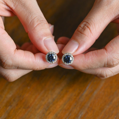CausYou earrings Solid Gold Halo Round Cut Blue Moissanite Earring Studs