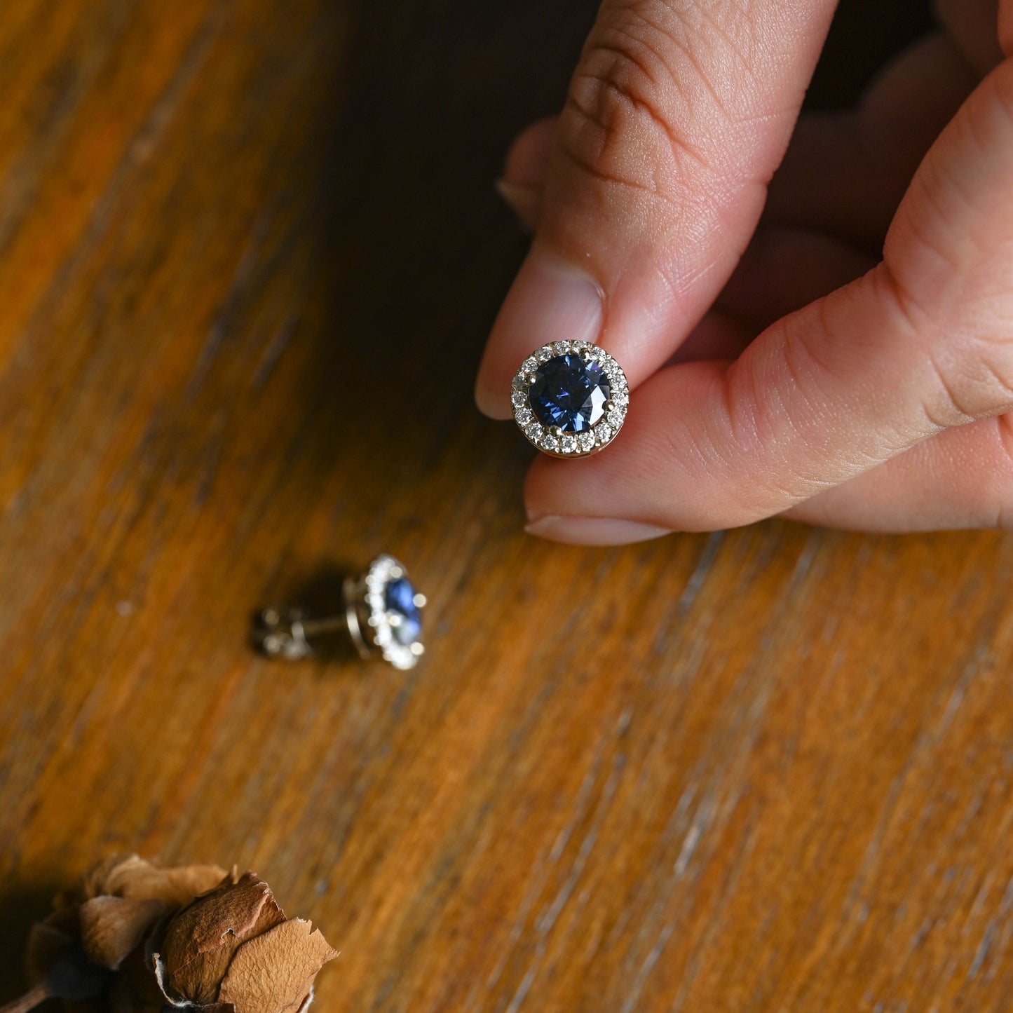 CausYou earrings Solid Gold Halo Round Cut Blue Moissanite Earring Studs