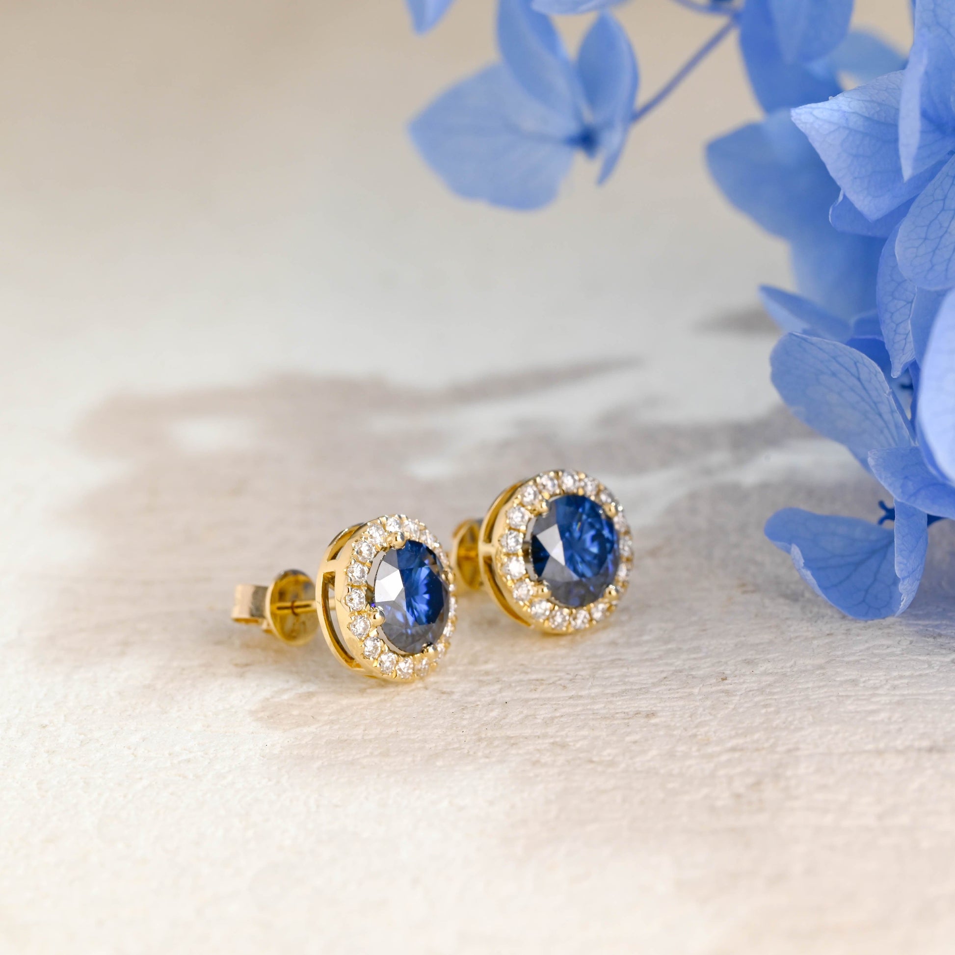 CausYou earrings Solid Gold Halo Round Cut Blue Moissanite Earring Studs