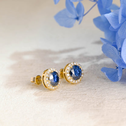 CausYou earrings Solid Gold Halo Round Cut Blue Moissanite Earring Studs