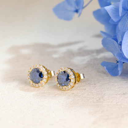 CausYou earrings Solid Gold Halo Round Cut Blue Moissanite Earring Studs