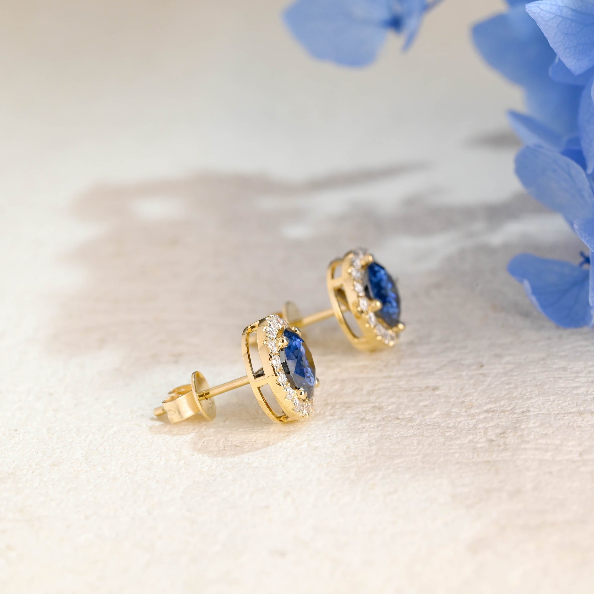 CausYou earrings Solid Gold Halo Round Cut Blue Moissanite Earring Studs