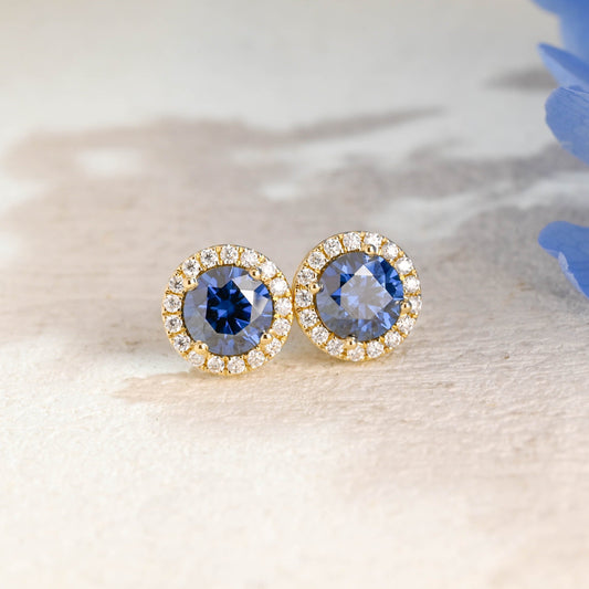 CausYou earrings Solid Gold Halo Round Cut Blue Moissanite Earring Studs