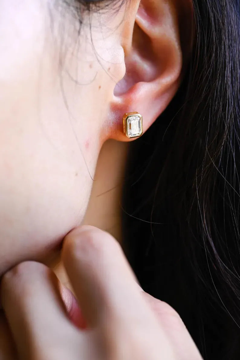 CausYou earrings Solid Gold Solitaire Bezel Emerald Cut Moissanite Earrings Studs