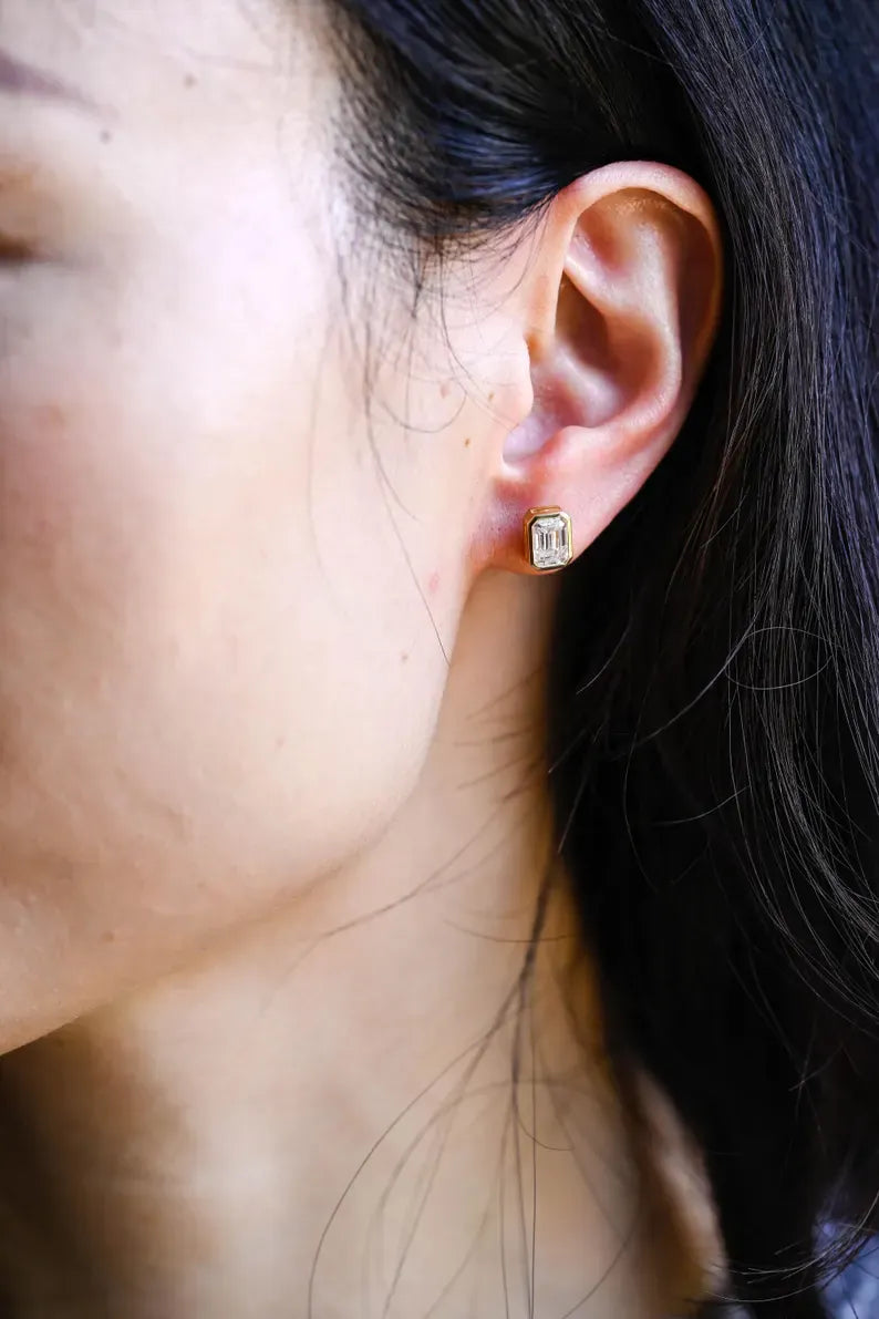 CausYou earrings Solid Gold Solitaire Bezel Emerald Cut Moissanite Earrings Studs