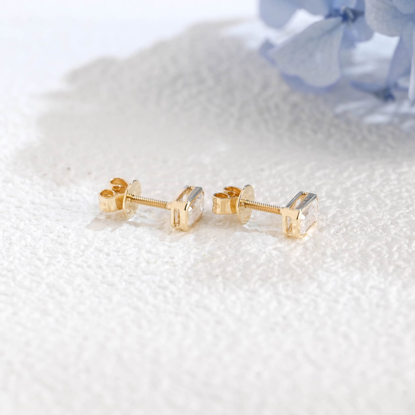 CausYou earrings Solid Gold Solitaire Bezel Emerald Cut Moissanite Earrings Studs