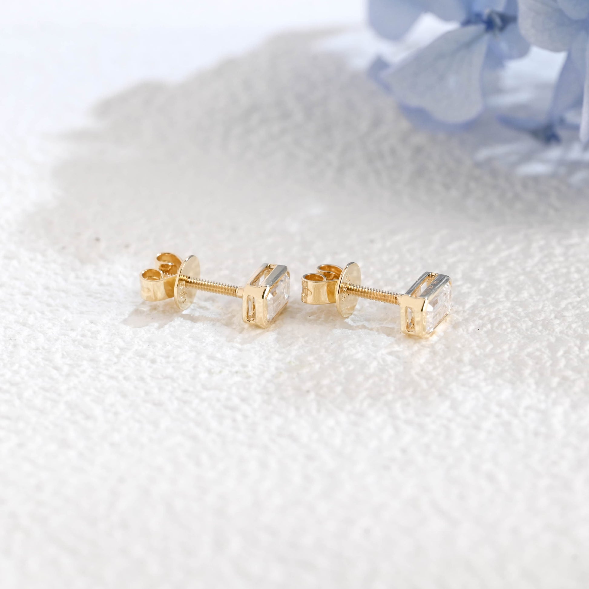 CausYou earrings Solid Gold Solitaire Bezel Emerald Cut Moissanite Earrings Studs