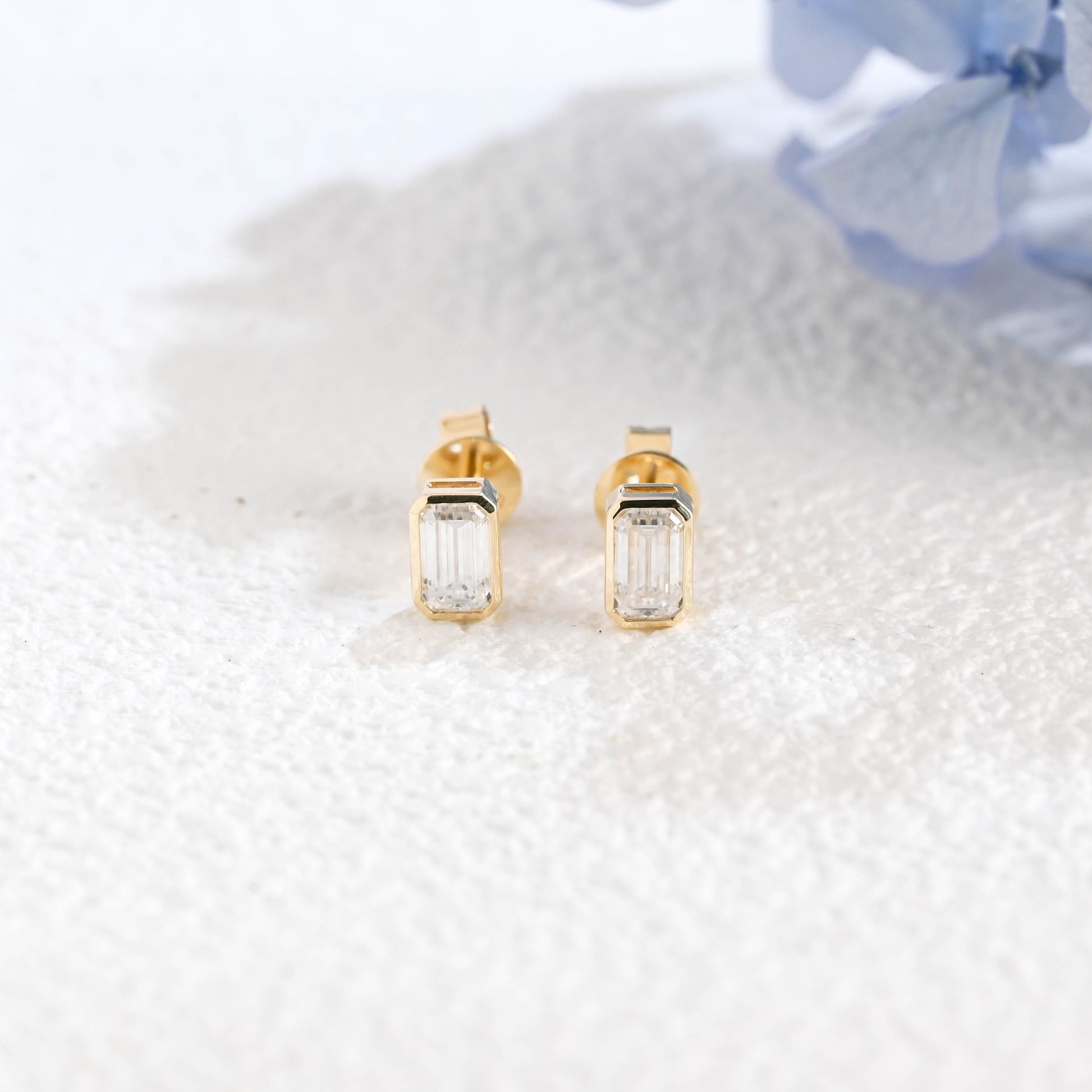 CausYou earrings Solid Gold Solitaire Bezel Emerald Cut Moissanite Earrings Studs