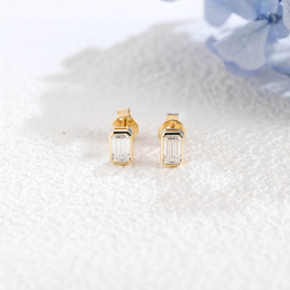 CausYou earrings Solid Gold Solitaire Bezel Emerald Cut Moissanite Earrings Studs