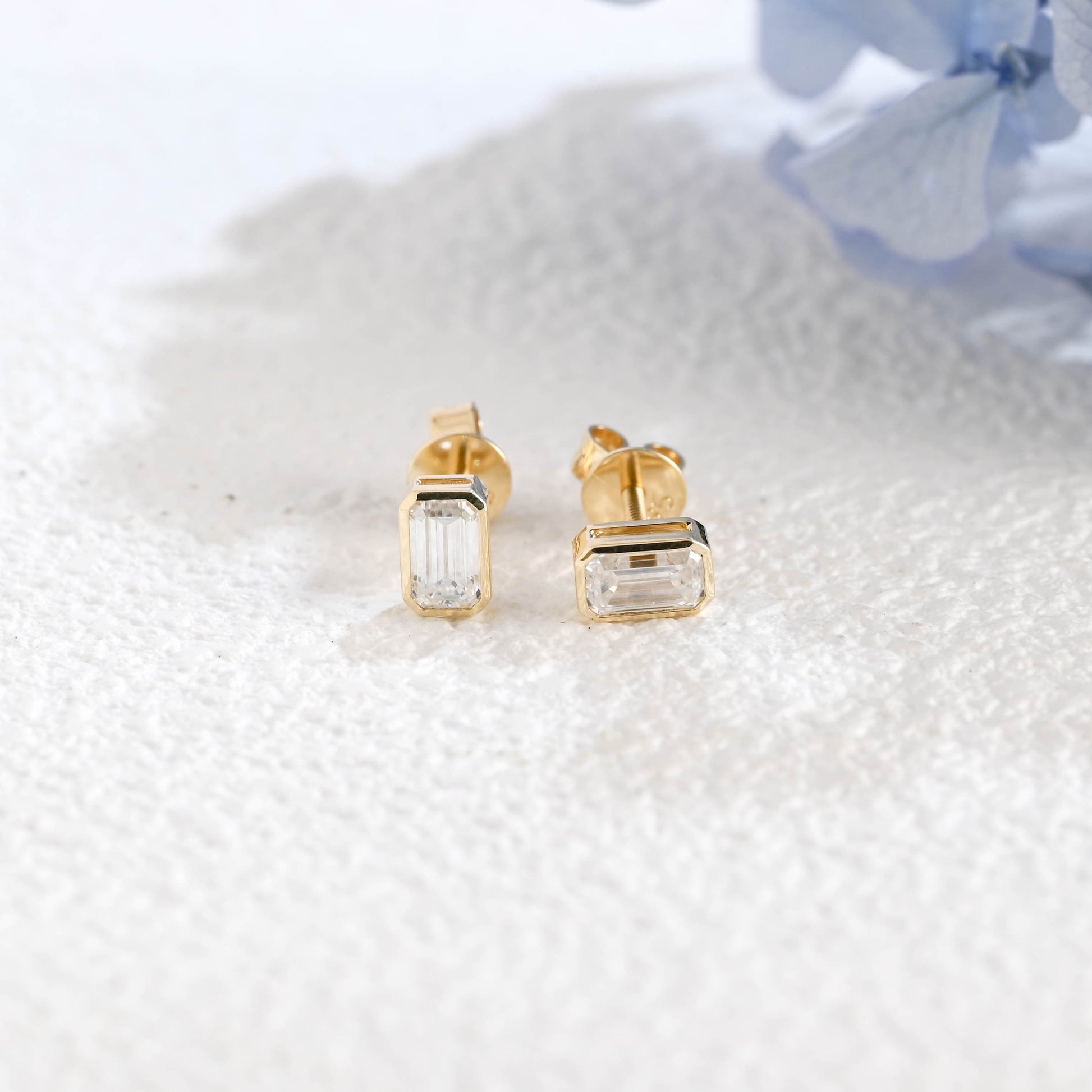 CausYou earrings Solid Gold Solitaire Bezel Emerald Cut Moissanite Earrings Studs