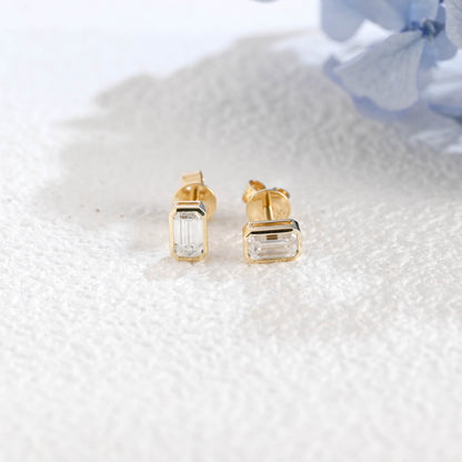 CausYou earrings Solid Gold Solitaire Bezel Emerald Cut Moissanite Earrings Studs