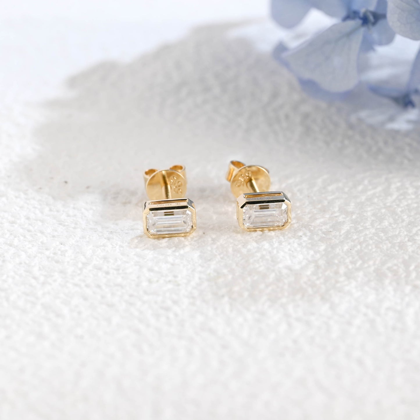CausYou earrings Solid Gold Solitaire Bezel Emerald Cut Moissanite Earrings Studs