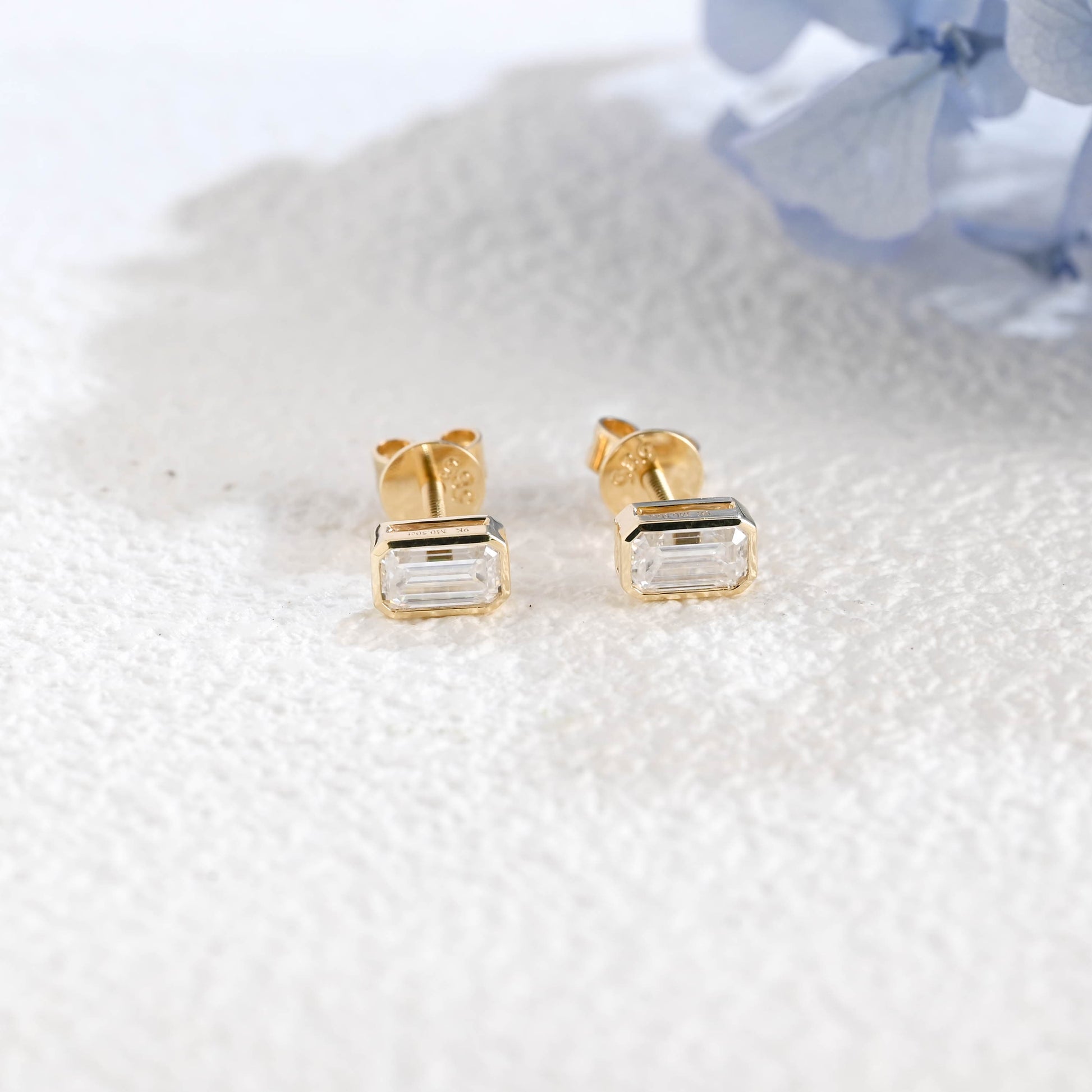 CausYou earrings Solid Gold Solitaire Bezel Emerald Cut Moissanite Earrings Studs