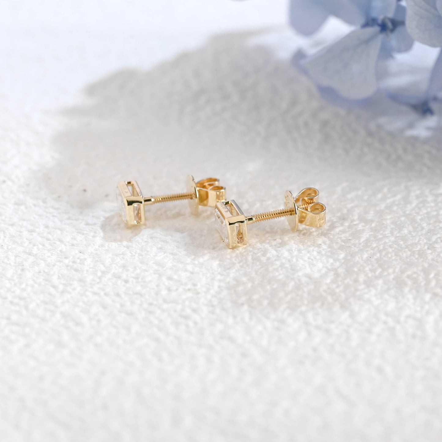 CausYou earrings Solid Gold Solitaire Bezel Emerald Cut Moissanite Earrings Studs