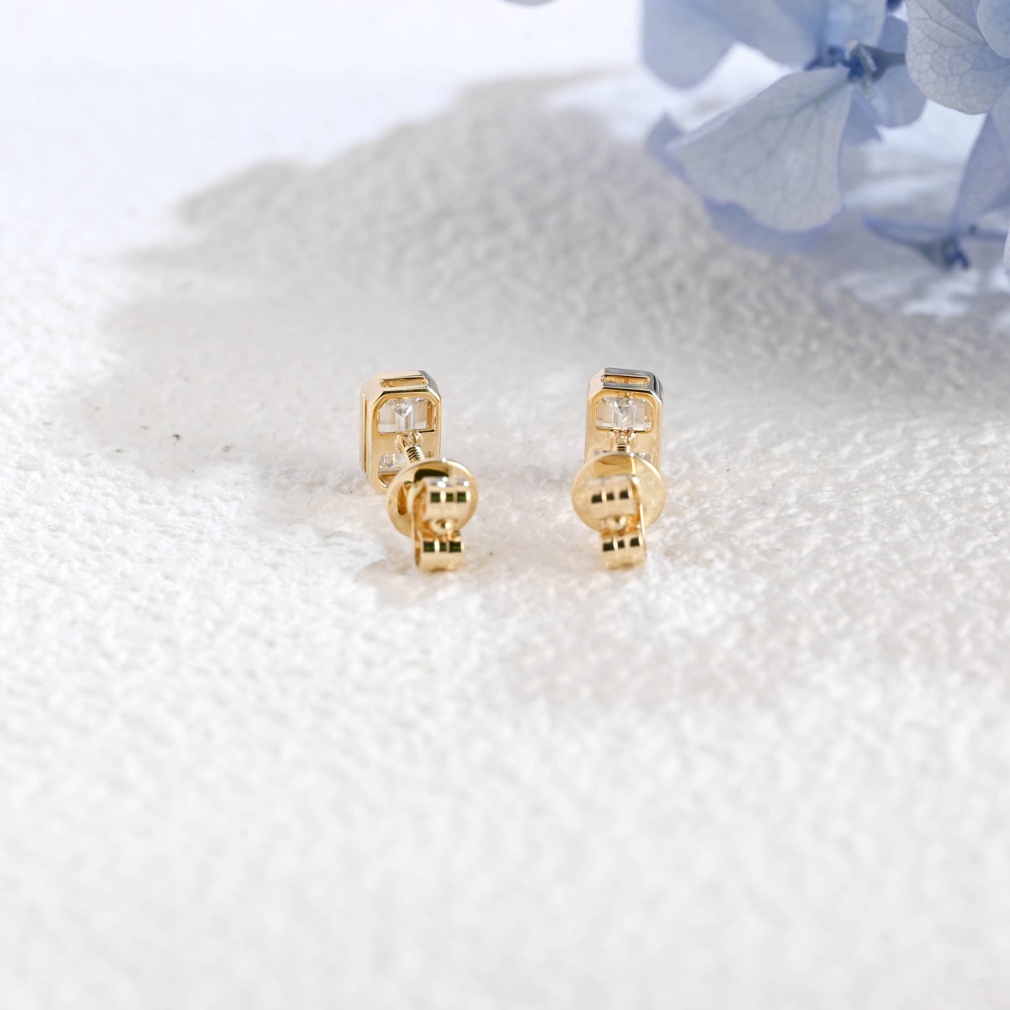 CausYou earrings Solid Gold Solitaire Bezel Emerald Cut Moissanite Earrings Studs