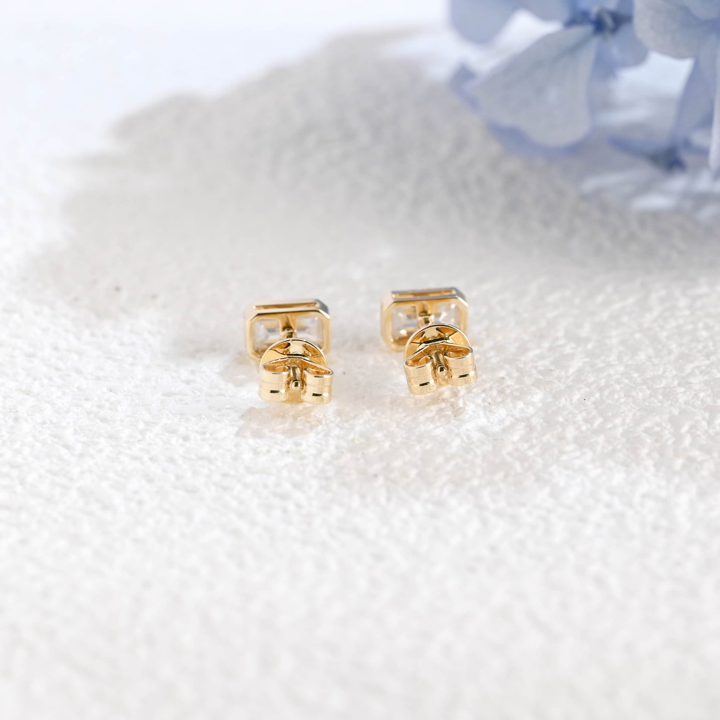 CausYou earrings Solid Gold Solitaire Bezel Emerald Cut Moissanite Earrings Studs