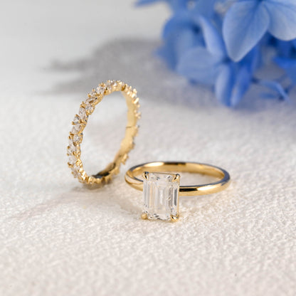 CausYou emerald cut bridal set Solid Gold Emerald Cut Moissanite Engagement Ring and Wedding Band Ring Set
