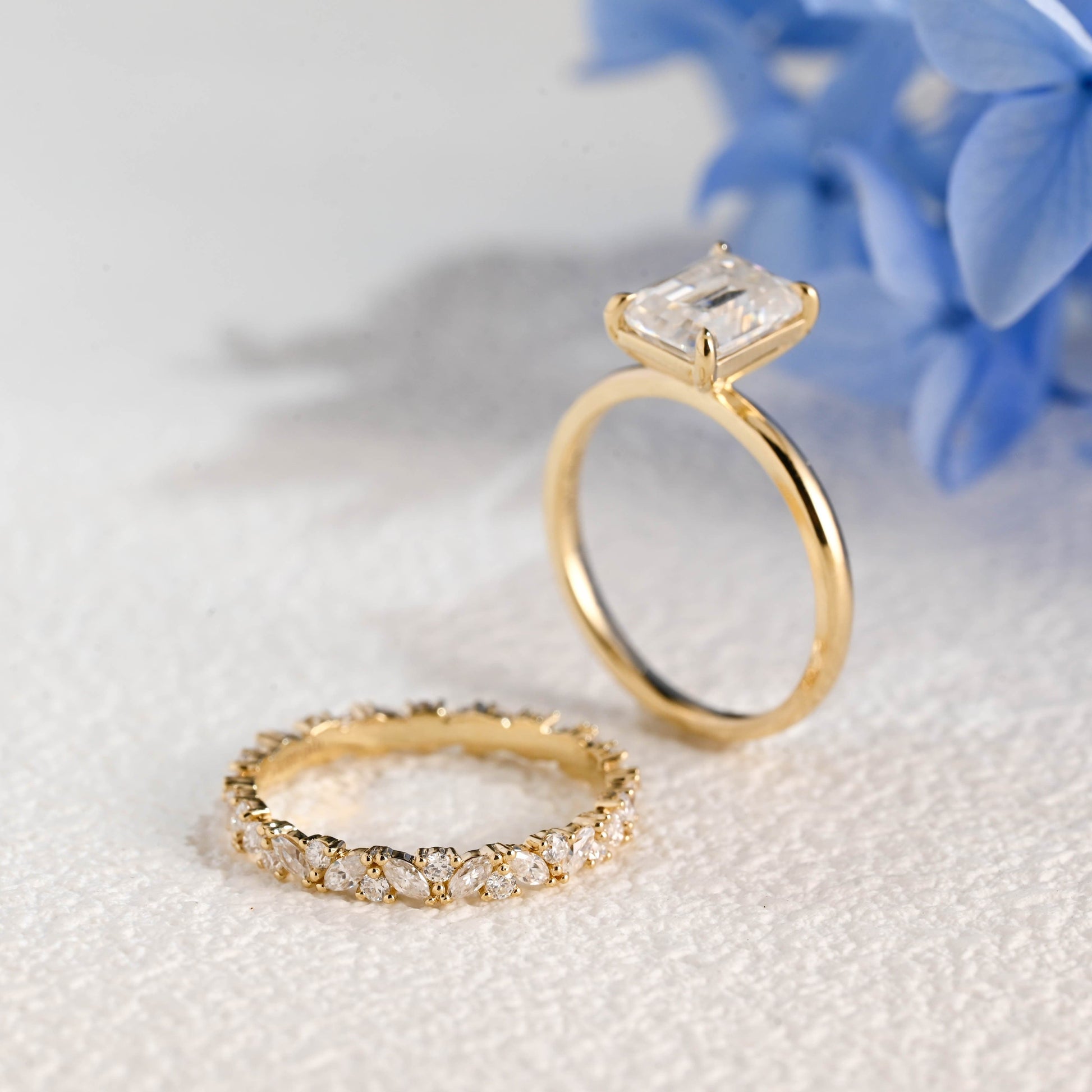 CausYou emerald cut bridal set Solid Gold Emerald Cut Moissanite Engagement Ring and Wedding Band Ring Set