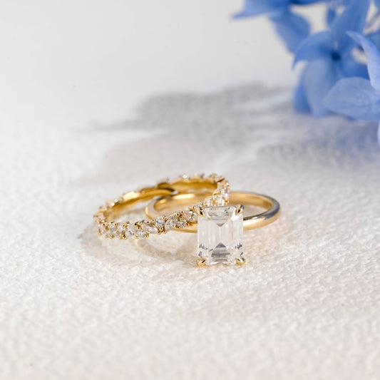 CausYou emerald cut bridal set Solid Gold Emerald Cut Moissanite Engagement Ring and Wedding Band Ring Set