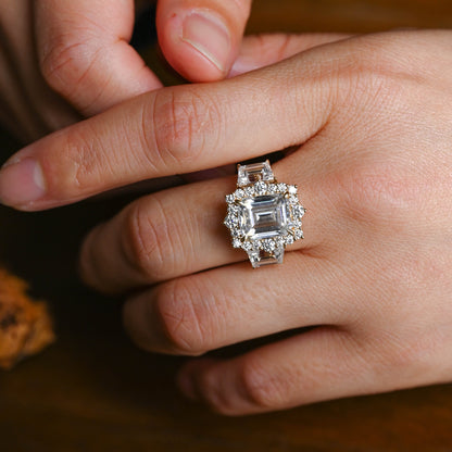 CausYou emerald cut bridal set Solid Gold Halo Emerald Cut Moissanite Engagement Ring Set
