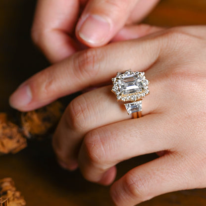 CausYou emerald cut bridal set Solid Gold Halo Emerald Cut Moissanite Engagement Ring Set