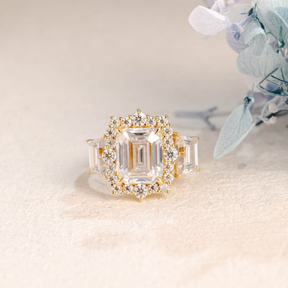 CausYou emerald cut bridal set Solid Gold Halo Emerald Cut Moissanite Engagement Ring Set