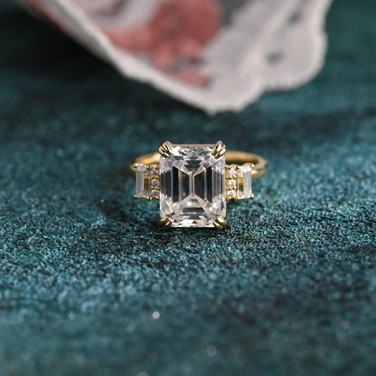 CausYou emerald cut diamond engagement ring CausYou Solid Gold D/VS1 Emerald Cut Lab Grown Diamond Engagement Ring, Baguette Accents Wedding Ring