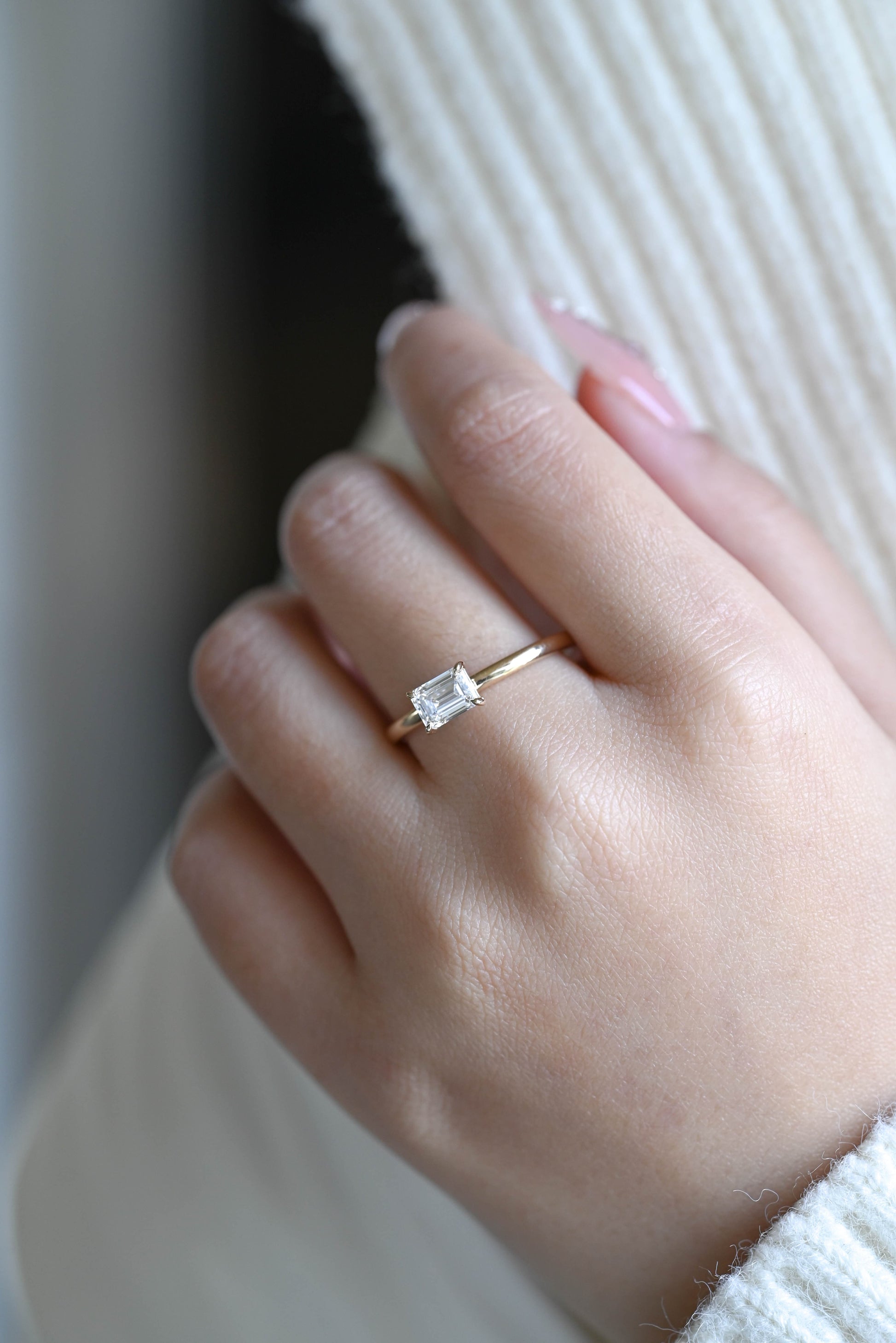 CausYou emerald cut diamond engagement ring Solid Gold Emerald Cut Lab Diamond East-West Setting Engagement Ring | D Color VS1 IGI Certified