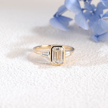 CausYou emerald cut diamond engagement ring Solid Gold Three Stone Emerald Cut Lab Diamond Engagement Ring | D Color VS1 IGI Certified