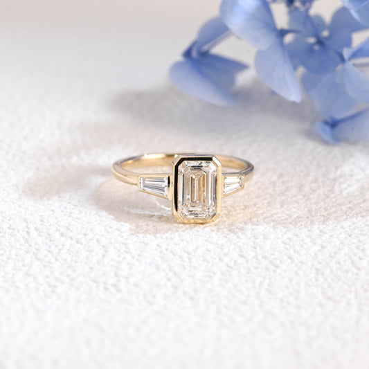 CausYou emerald cut diamond engagement ring Solid Gold Three Stone Emerald Cut Lab Diamond Engagement Ring | D Color VS1 IGI Certified