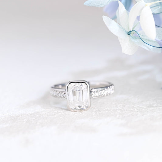 CausYou emerald cut moissanite engagement ring Solid Gold Bezel Half Eternity Emerald Cut Moissanite Engagement Ring