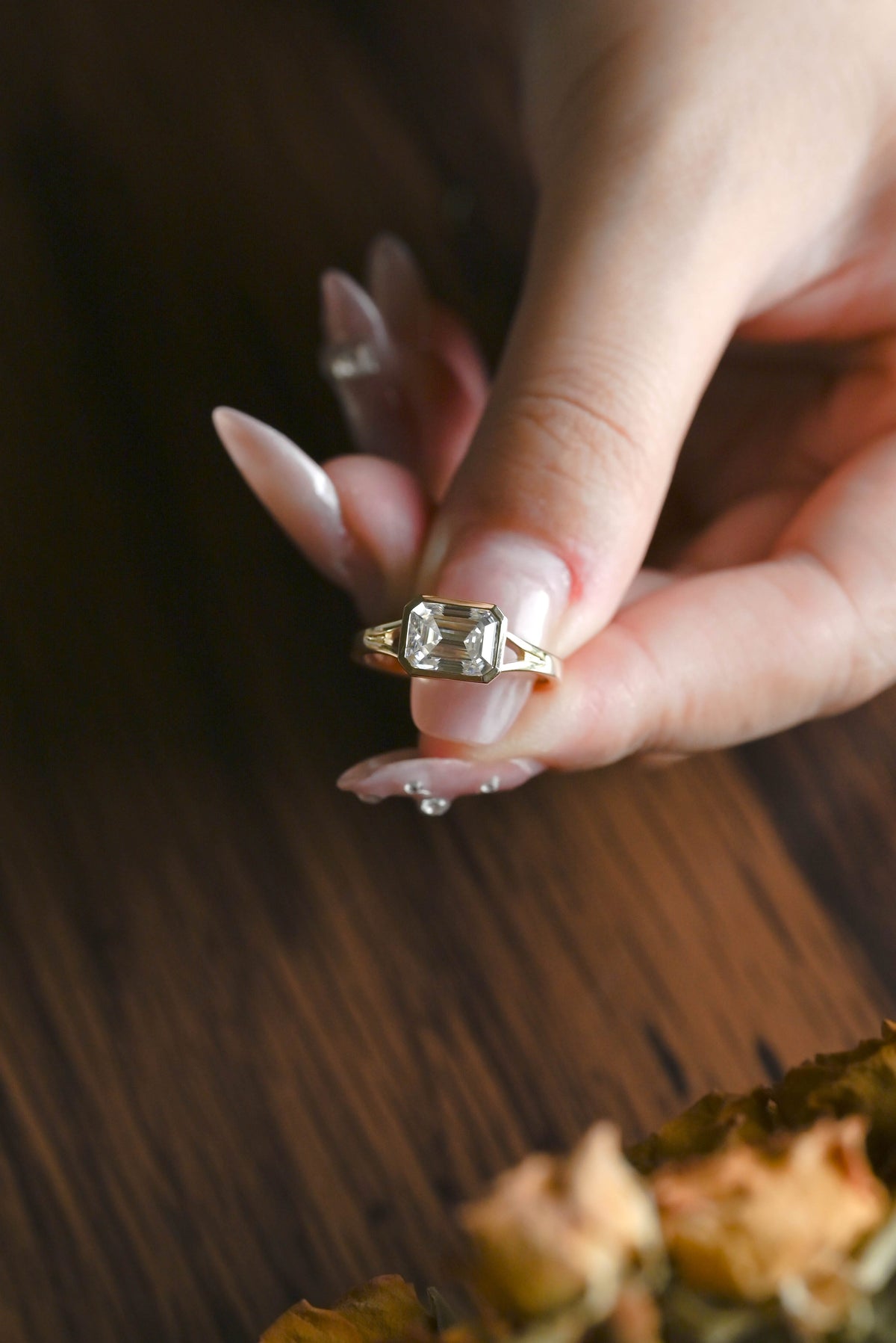 CausYou emerald cut moissanite engagement ring Solid Gold Bezel Split Shank East West Emerald Cut Moissanite Engagement Ring