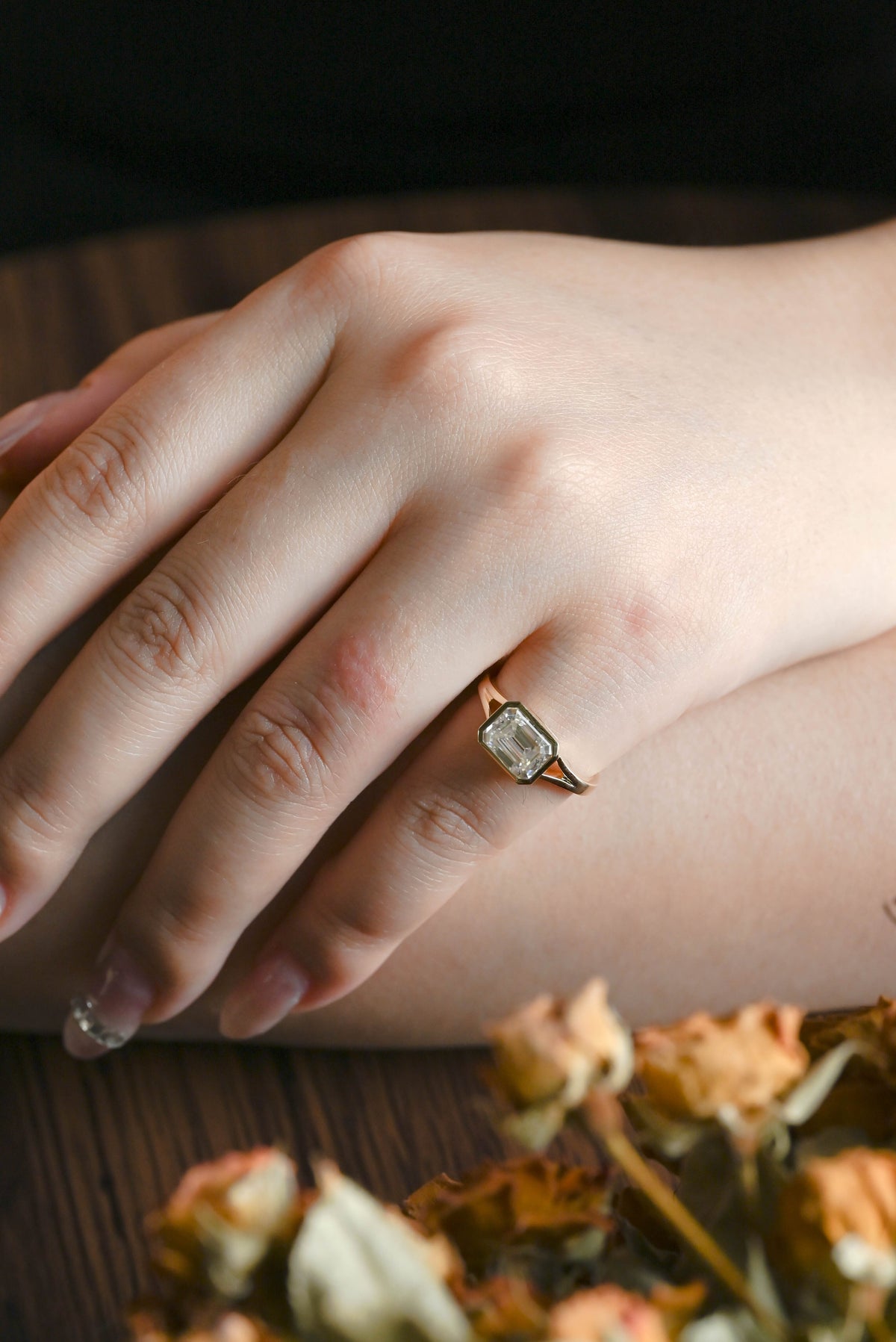 CausYou emerald cut moissanite engagement ring Solid Gold Bezel Split Shank East West Emerald Cut Moissanite Engagement Ring