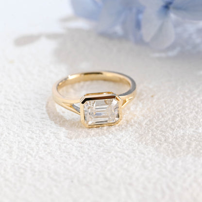 CausYou emerald cut moissanite engagement ring Solid Gold Bezel Split Shank East West Emerald Cut Moissanite Engagement Ring