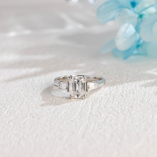 CausYou emerald cut moissanite engagement ring Solid Gold Emerald Cut Moissanite Engagement Ring, Three Stone Promise Ring, Proposal Ring, Gift for Woman, Wife