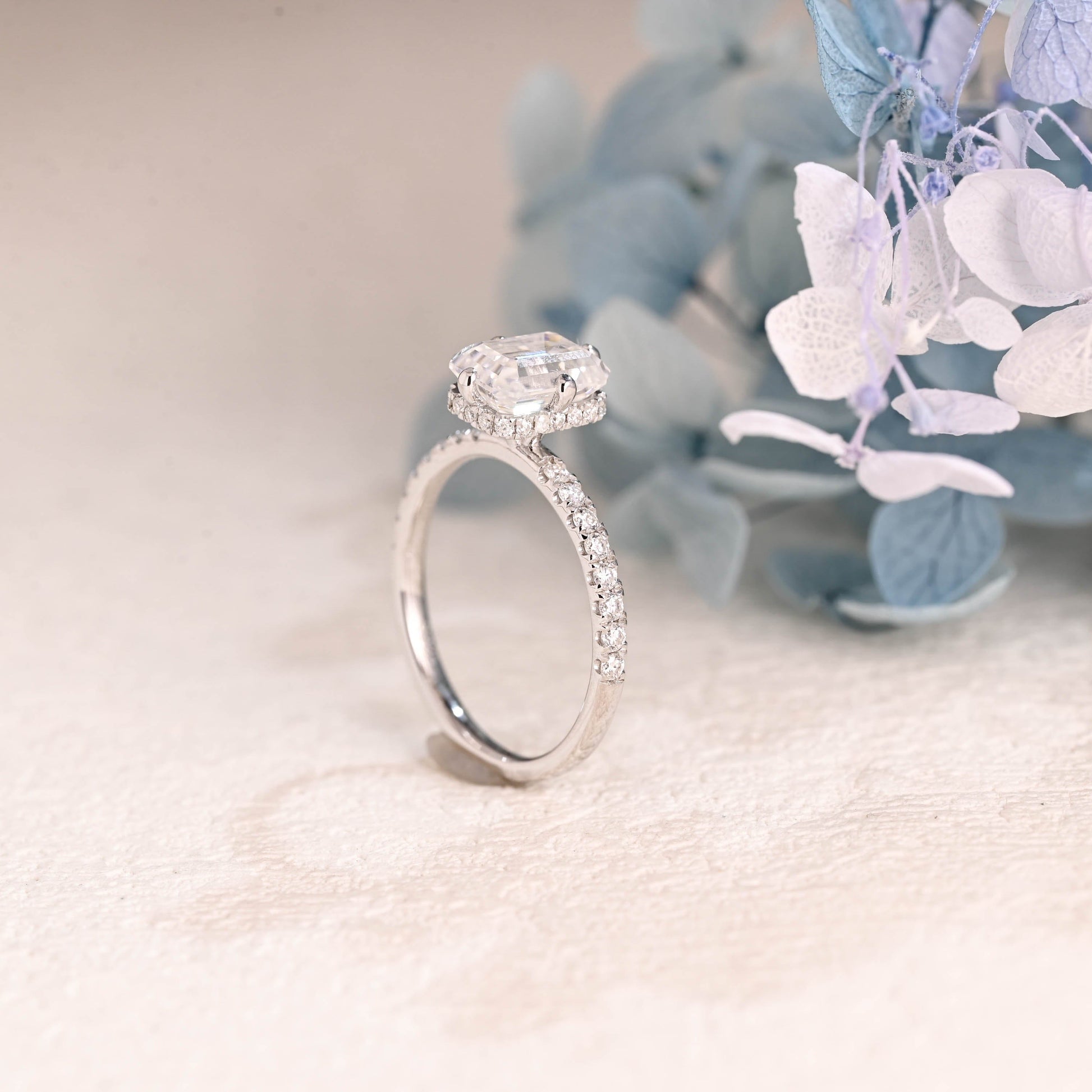 CausYou emerald cut moissanite engagement ring Solid Gold Half Eternity Emerald Cut Moissanite Engagement Ring