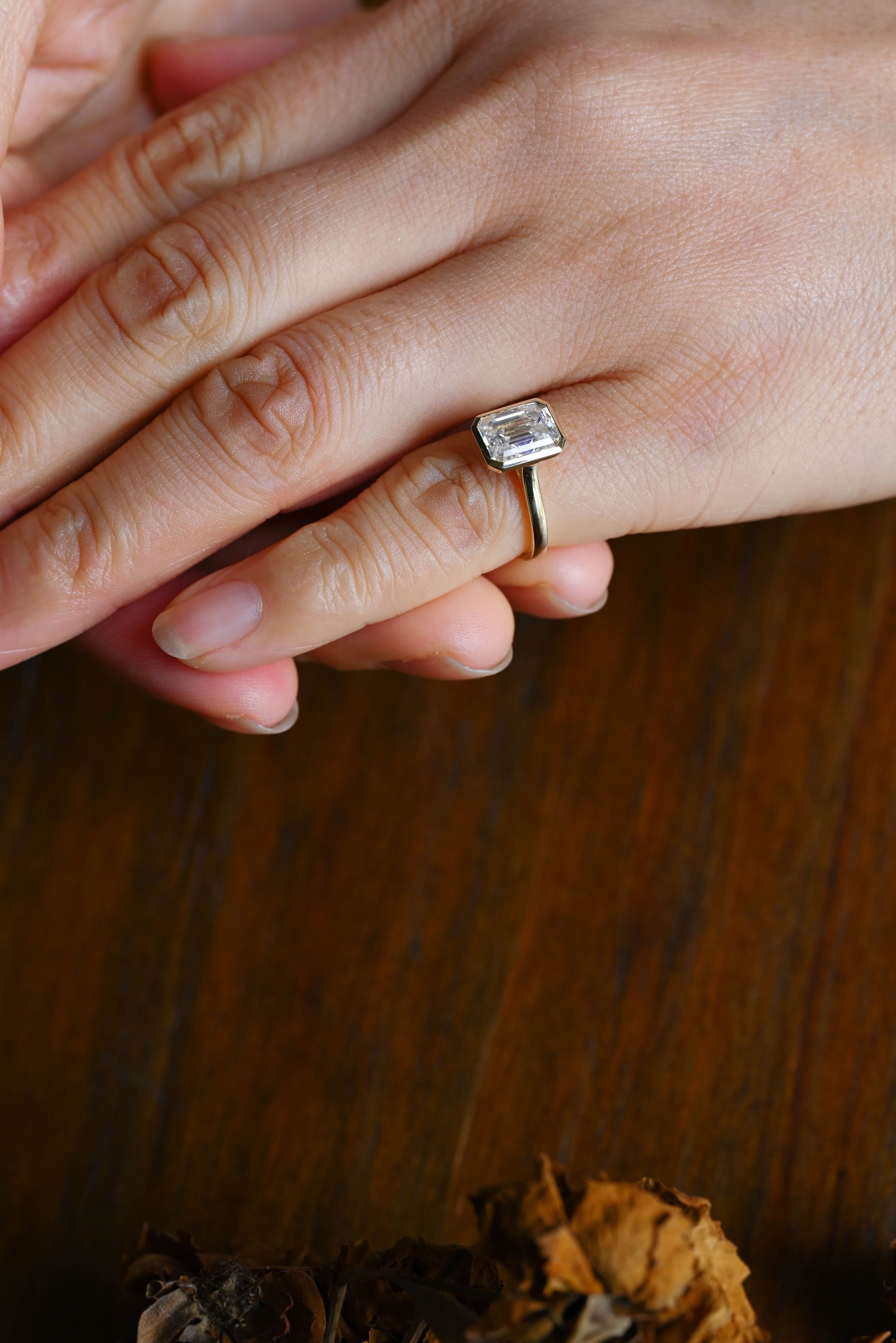 CausYou emerald cut moissanite engagement ring Solid Gold Solitaire Bezel Emerald Cut Moissanite Engagement Ring