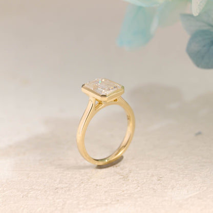 CausYou emerald cut moissanite engagement ring Solid Gold Solitaire Bezel Emerald Cut Moissanite Engagement Ring