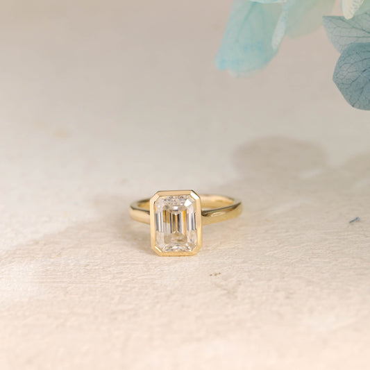 CausYou emerald cut moissanite engagement ring Solid Gold Solitaire Bezel Emerald Cut Moissanite Engagement Ring