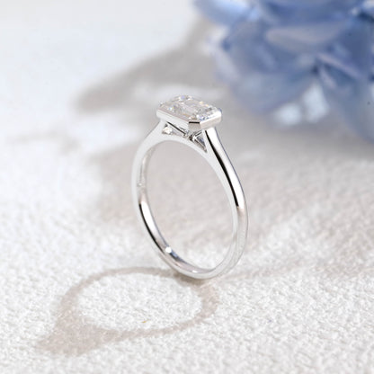 CausYou emerald cut moissanite engagement ring Solid Gold Solitaire Bezel Emerald Cut Moissanite Engagement Ring