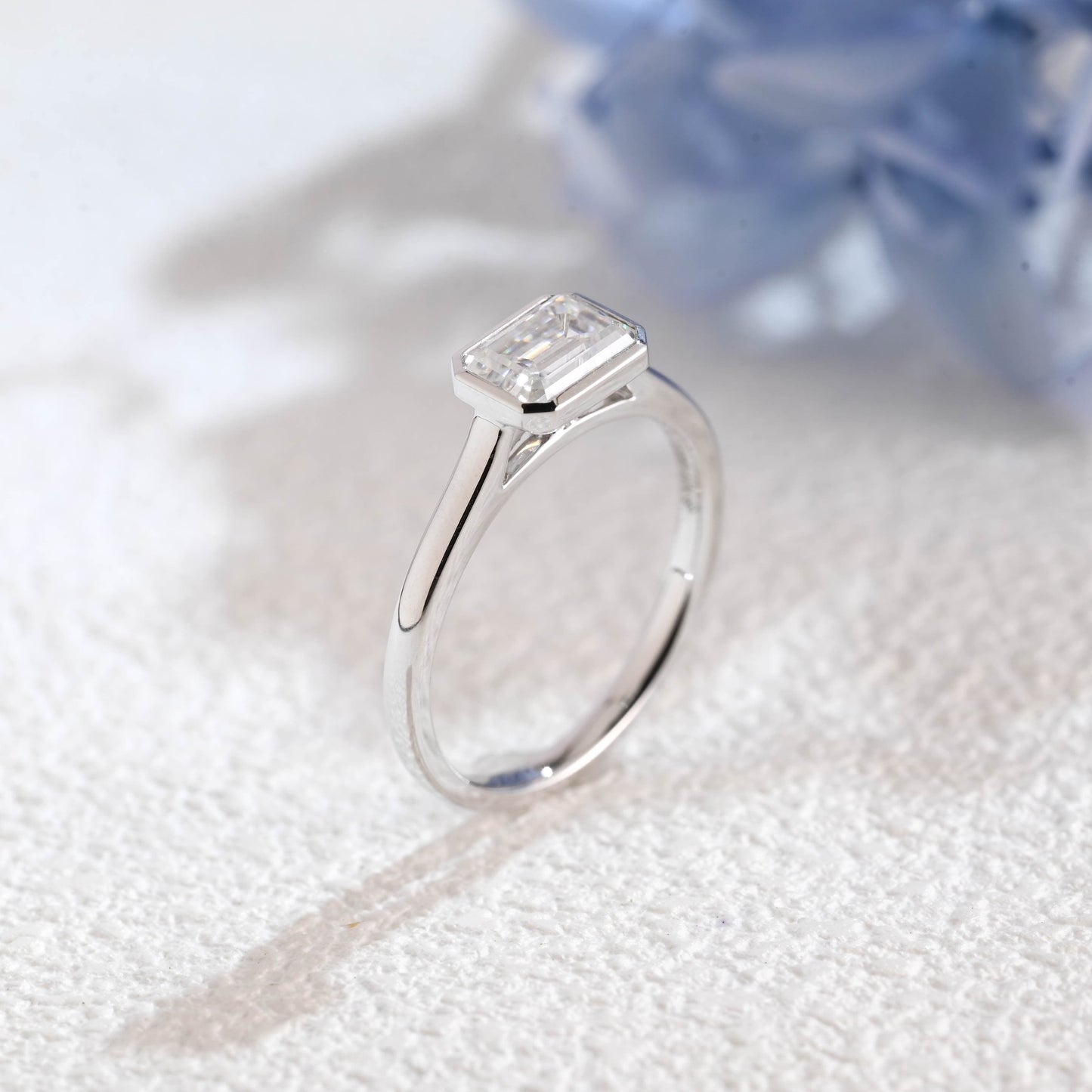 CausYou emerald cut moissanite engagement ring Solid Gold Solitaire Bezel Emerald Cut Moissanite Engagement Ring