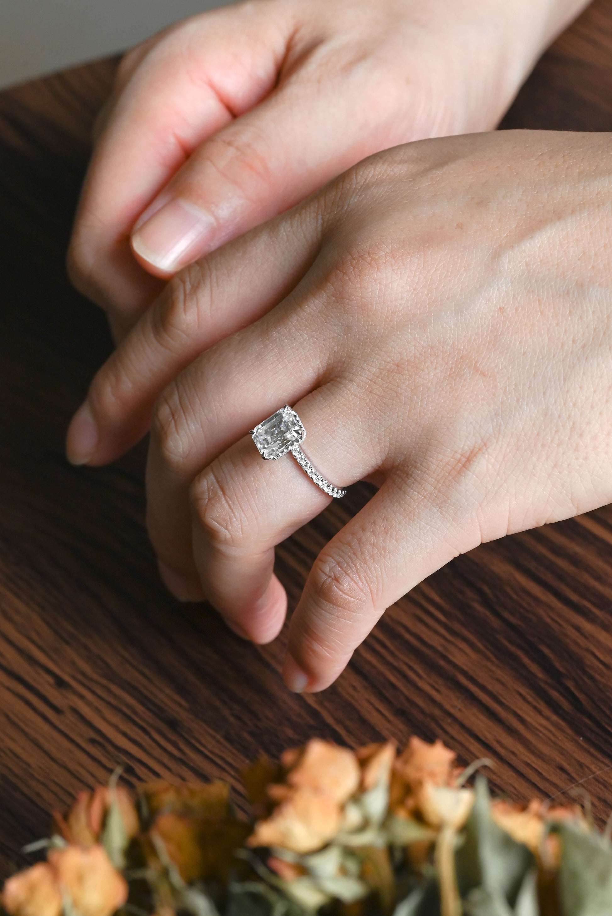 CausYou emerald cut moissanite engagement ring Solid Gold Solitaire Hidden Halo Emerald Cut Moissanite Engagement Ring