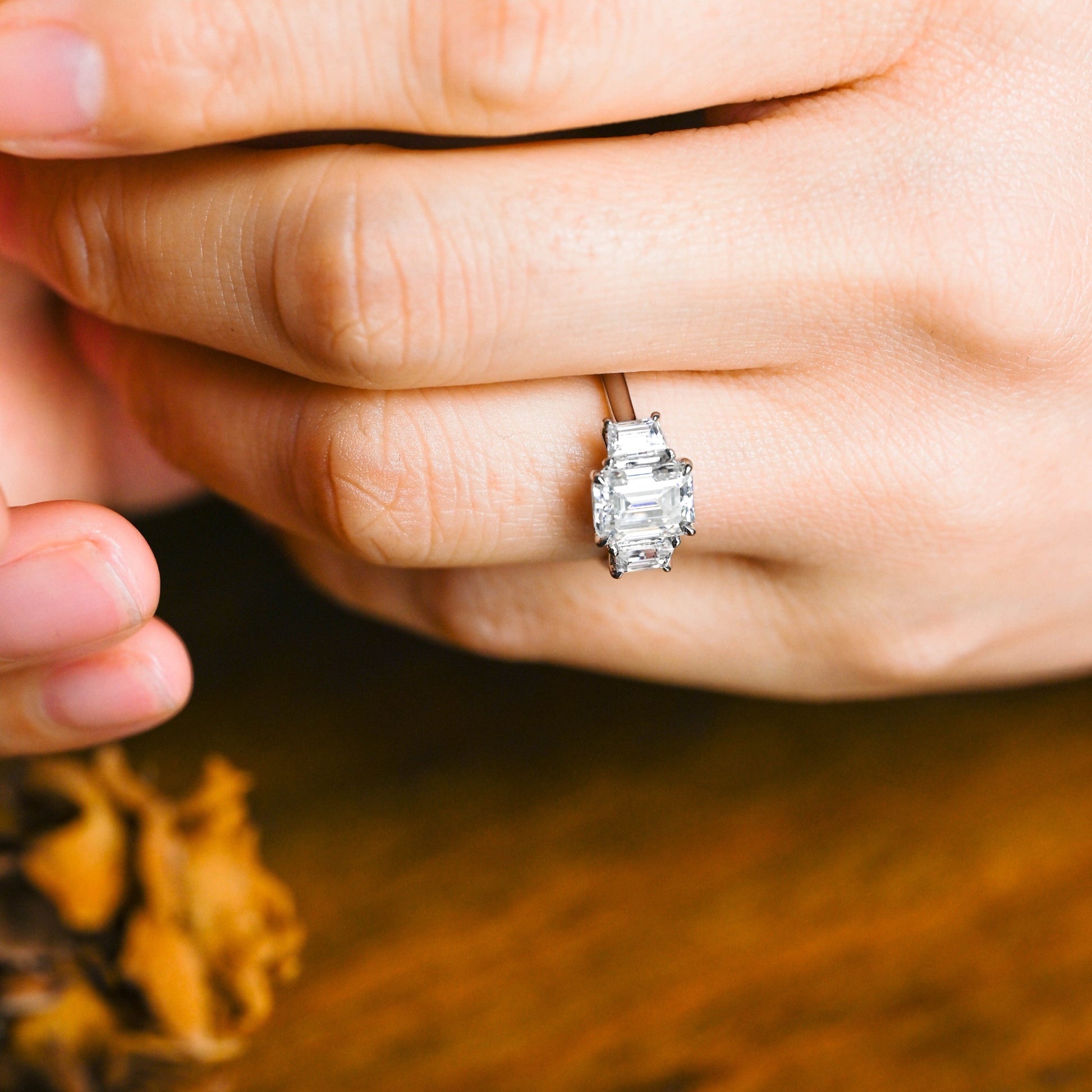CausYou emerald cut moissanite engagement ring Solid Gold Three Stone Emerald Cut Moissanite Engagement Ring