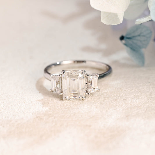 CausYou emerald cut moissanite engagement ring Solid Gold Three Stone Emerald Cut Moissanite Engagement Ring