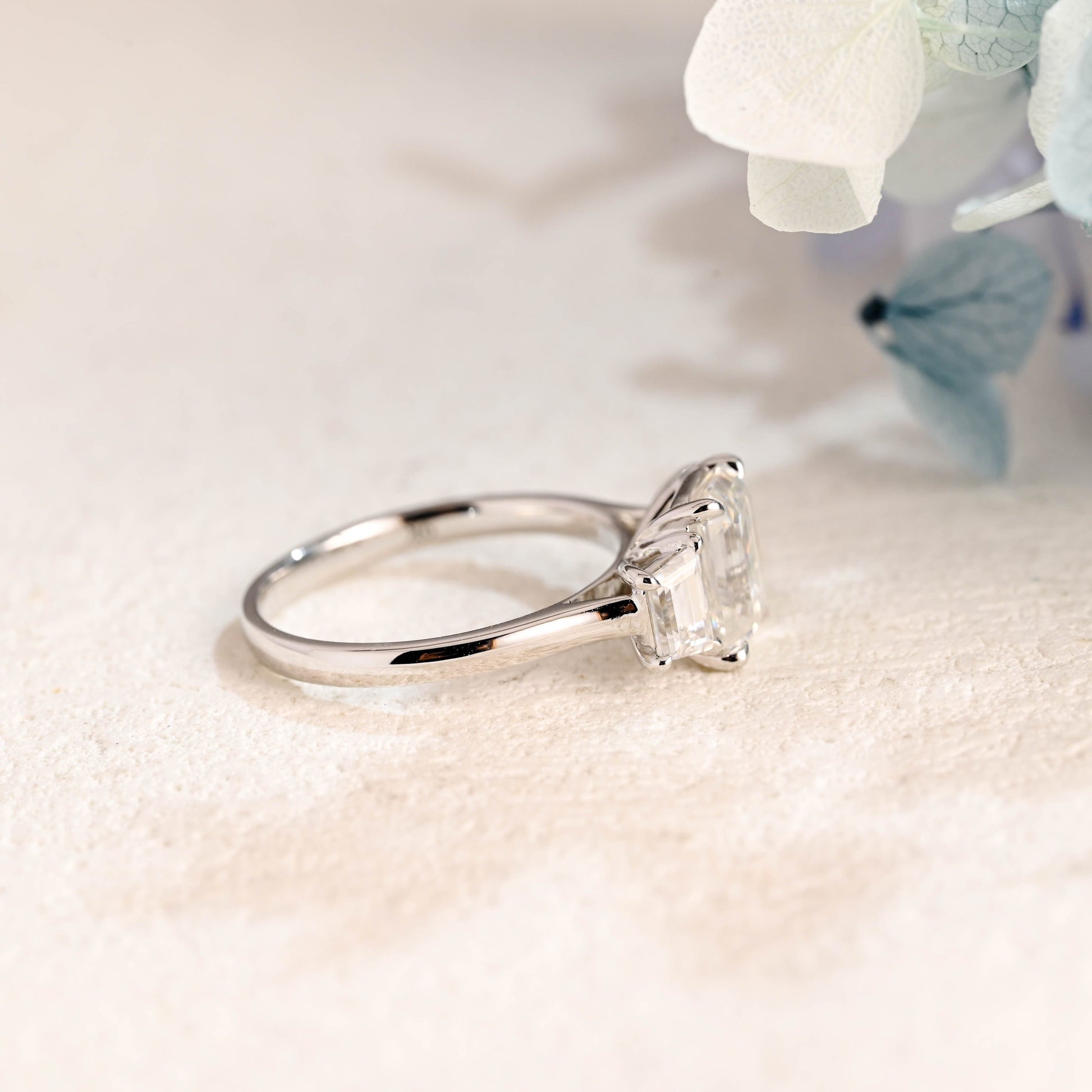 CausYou emerald cut moissanite engagement ring Solid Gold Three Stone Emerald Cut Moissanite Engagement Ring