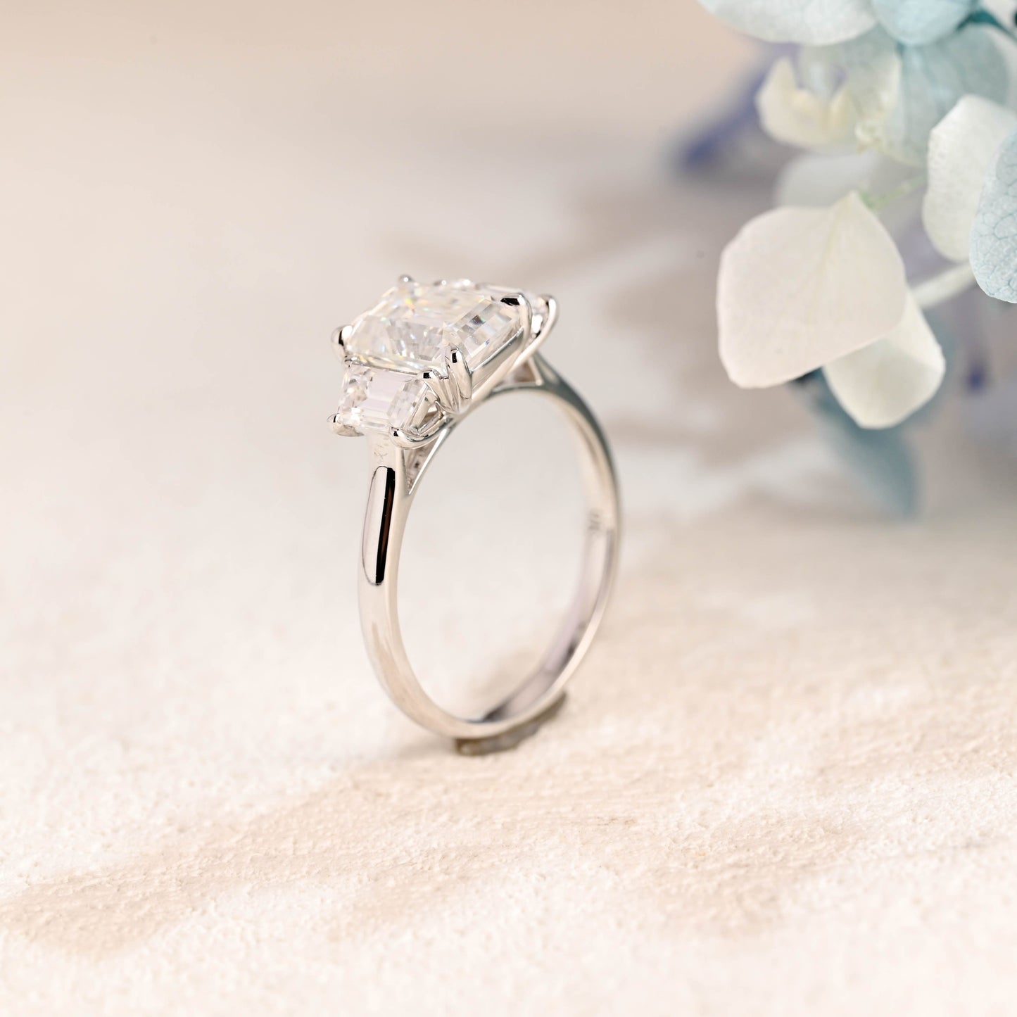 CausYou emerald cut moissanite engagement ring Solid Gold Three Stone Emerald Cut Moissanite Engagement Ring