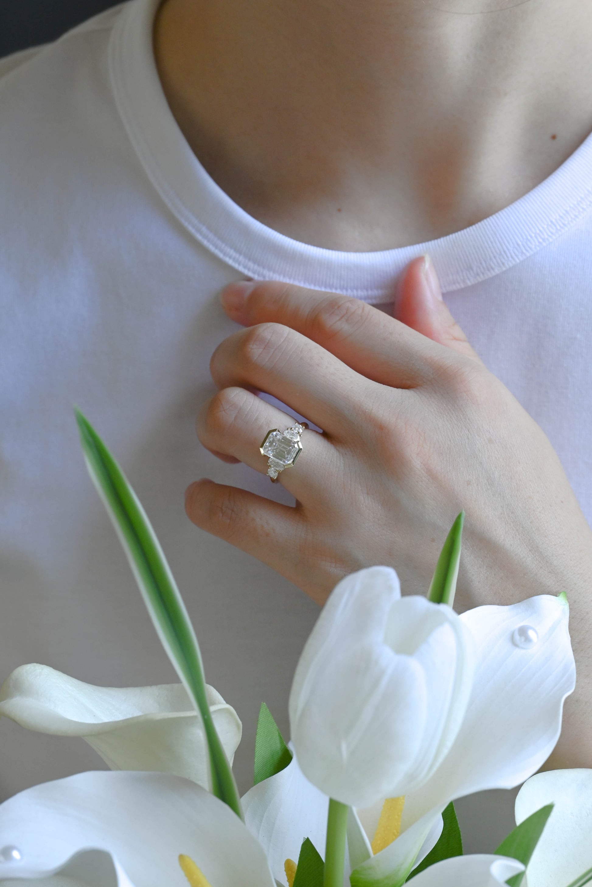 CausYou emerald cut moissanite engagement ring Solid Gold Three Stone Emerald Cut Moissanite Engagement Ring