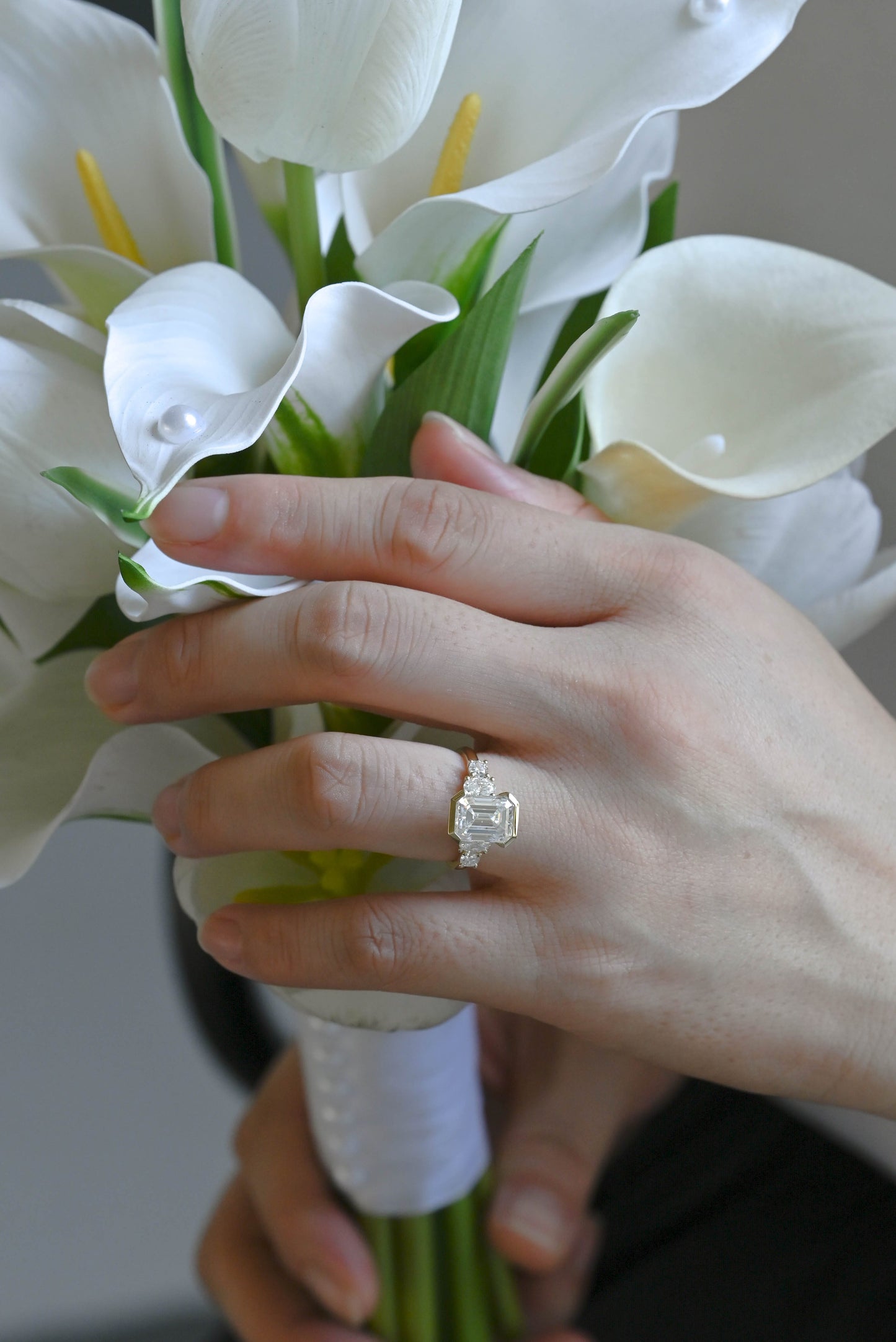 CausYou emerald cut moissanite engagement ring Solid Gold Three Stone Emerald Cut Moissanite Engagement Ring