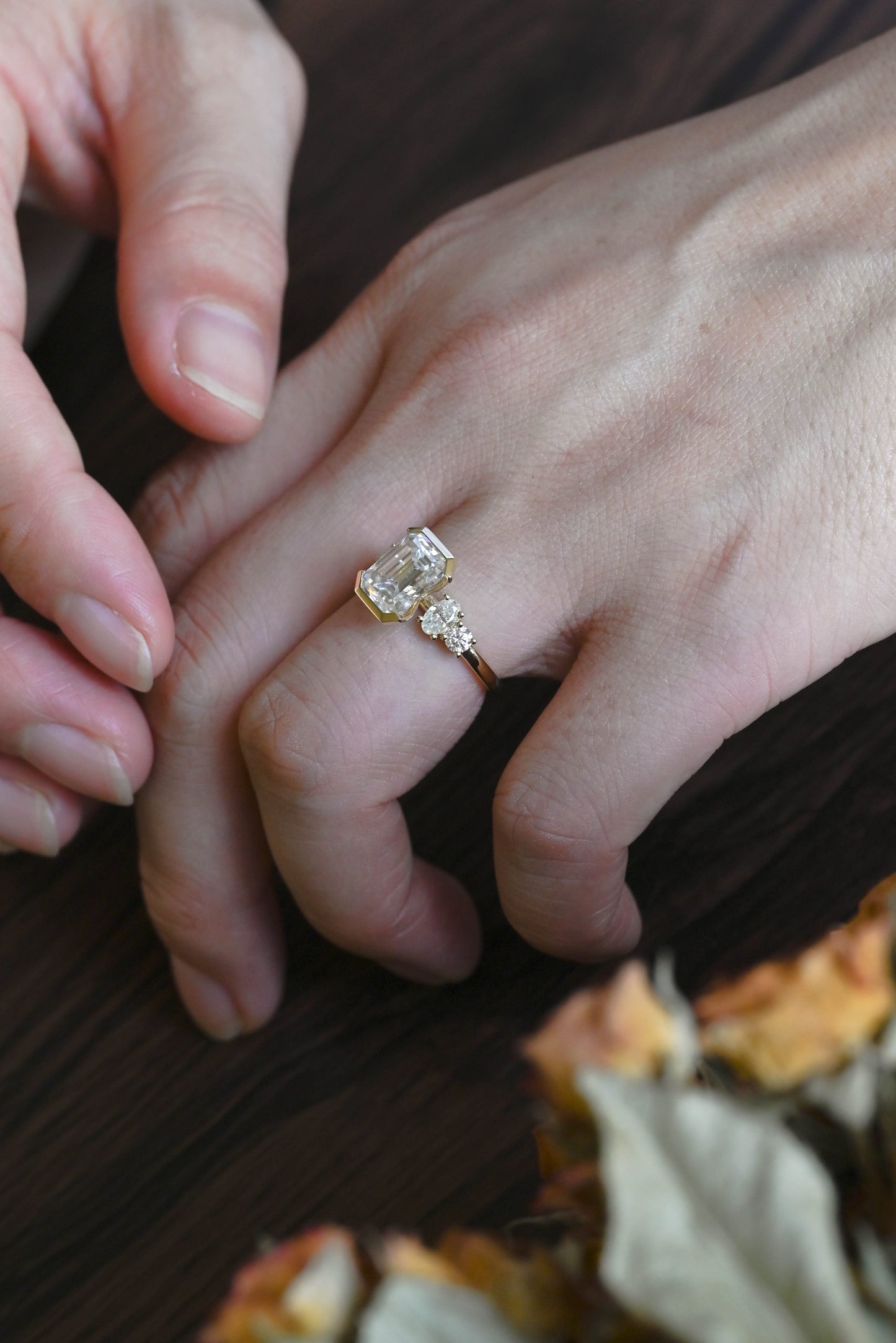 CausYou emerald cut moissanite engagement ring Solid Gold Three Stone Emerald Cut Moissanite Engagement Ring